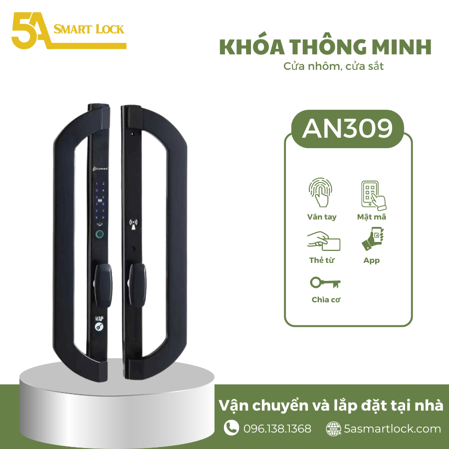 Khóa cửa vân tay 5A Smartlock AN309 cửa Nhôm